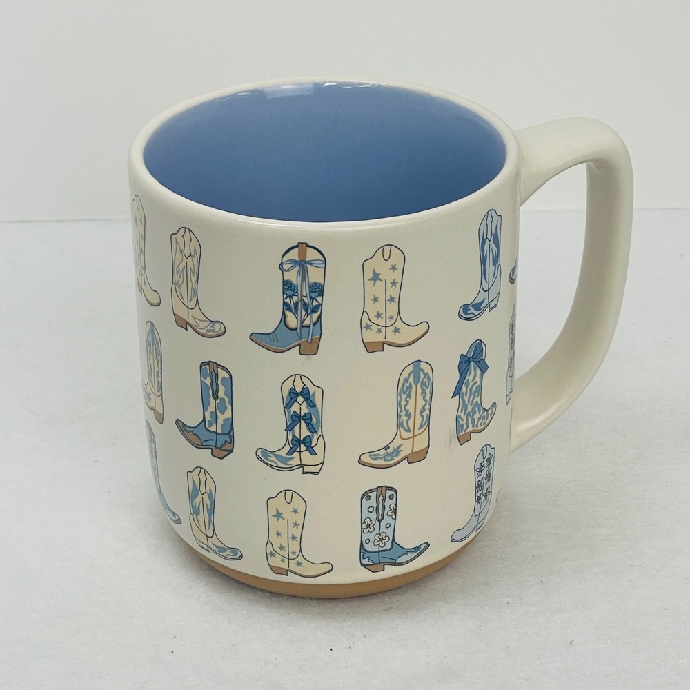 Sunday Morning Ceramics Cowboy Boot Mug Blue Cream Western Coffee Cup